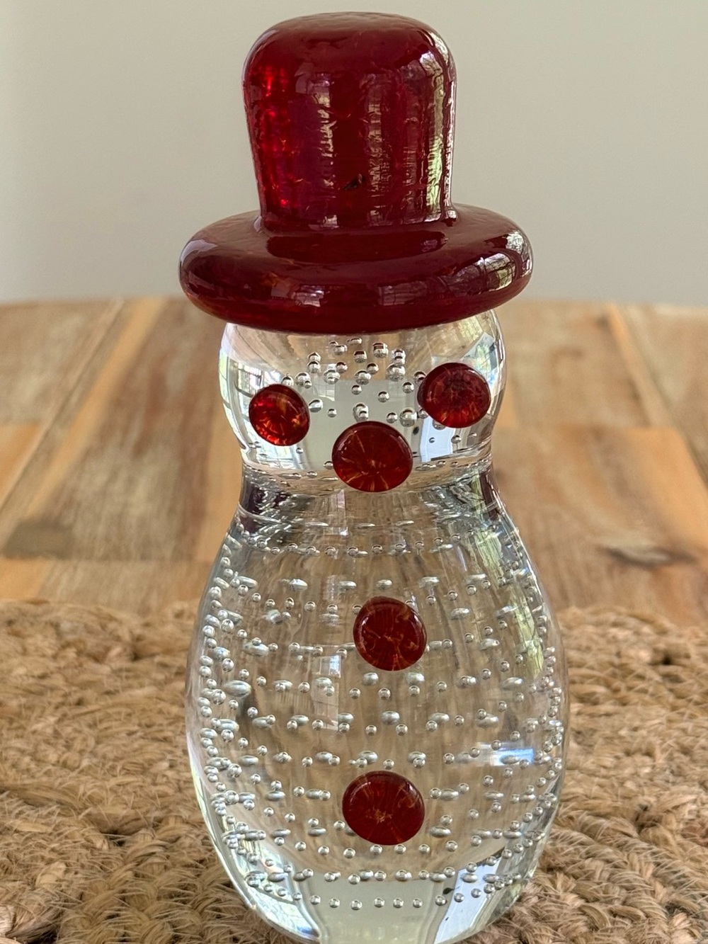 Vintage Gibson Glass Snowman Figurine with Red Accents Controlled Bubbles 1997